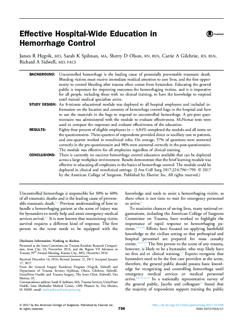 Original scientific articleEffective Hospital-Wide Education in Hemorrhage Control