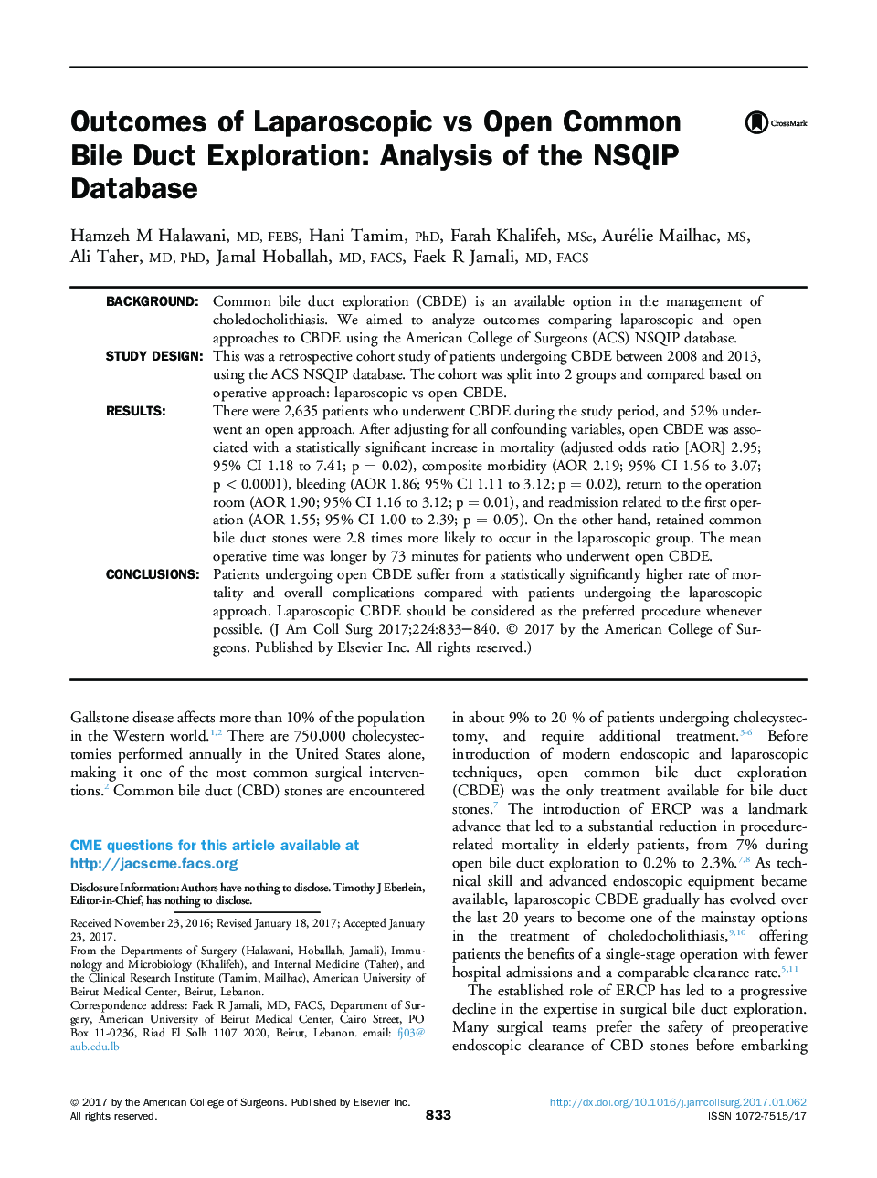 Original scientific articleOutcomes of Laparoscopic vs Open Common Bile Duct Exploration: Analysis of the NSQIP Database