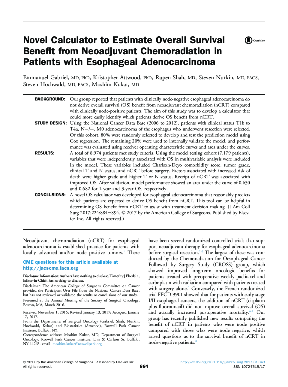 Original scientific articleNovel Calculator to Estimate Overall Survival Benefit from Neoadjuvant Chemoradiation in Patients with Esophageal Adenocarcinoma