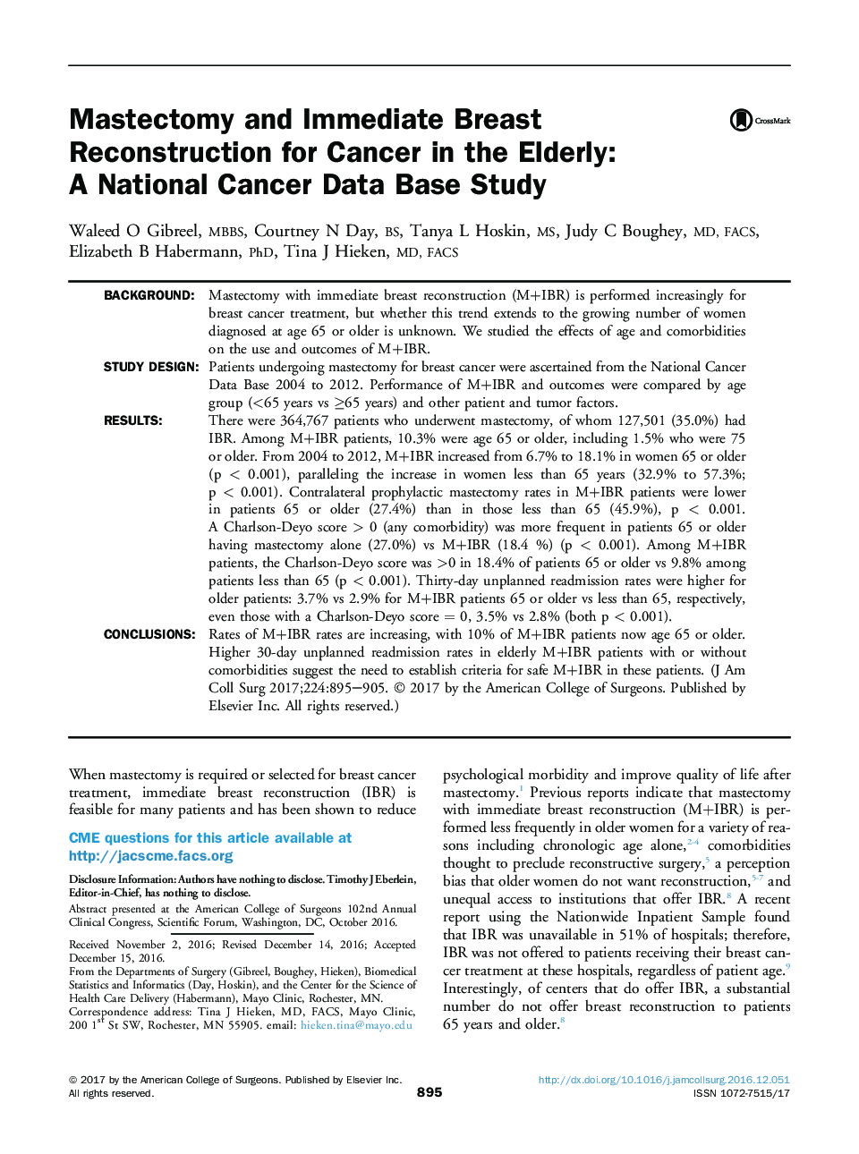 Original scientific articleMastectomy and Immediate Breast Reconstruction for Cancer in the Elderly: AÂ National Cancer Data Base Study