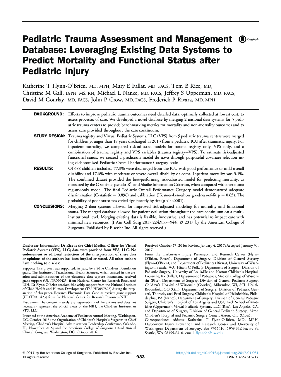 Original scientific articlePediatric Trauma Assessment and Management Database: Leveraging Existing Data Systems to Predict Mortality and Functional Status after PediatricÂ Injury