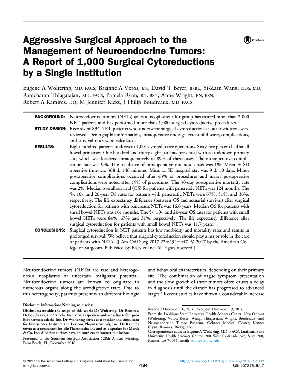 Southern surgical association articleAggressive Surgical Approach to the Management of Neuroendocrine Tumors: A Report of 1,000 Surgical Cytoreductions byÂ aÂ SingleÂ Institution