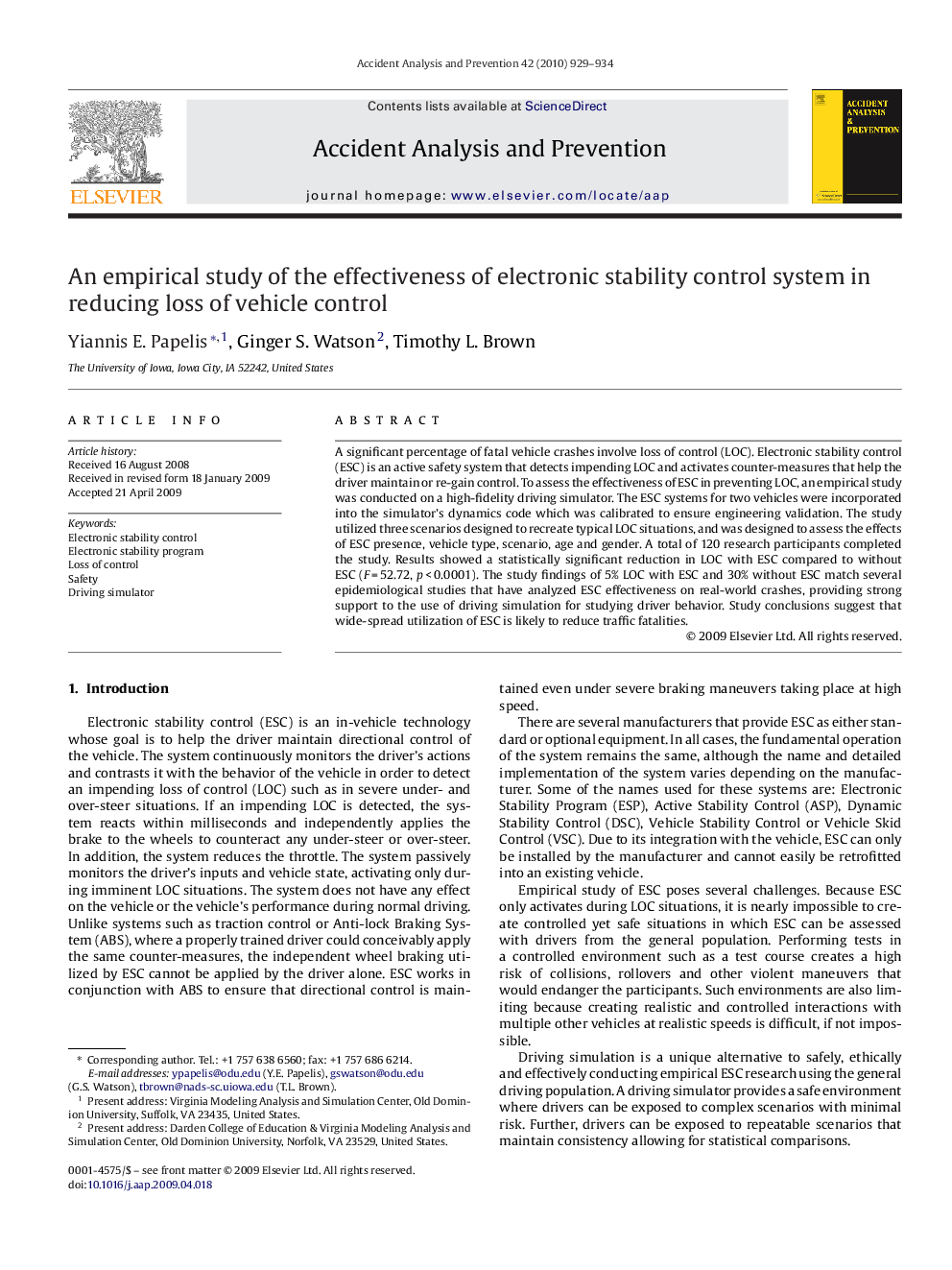 An empirical study of the effectiveness of electronic stability control system in reducing loss of vehicle control