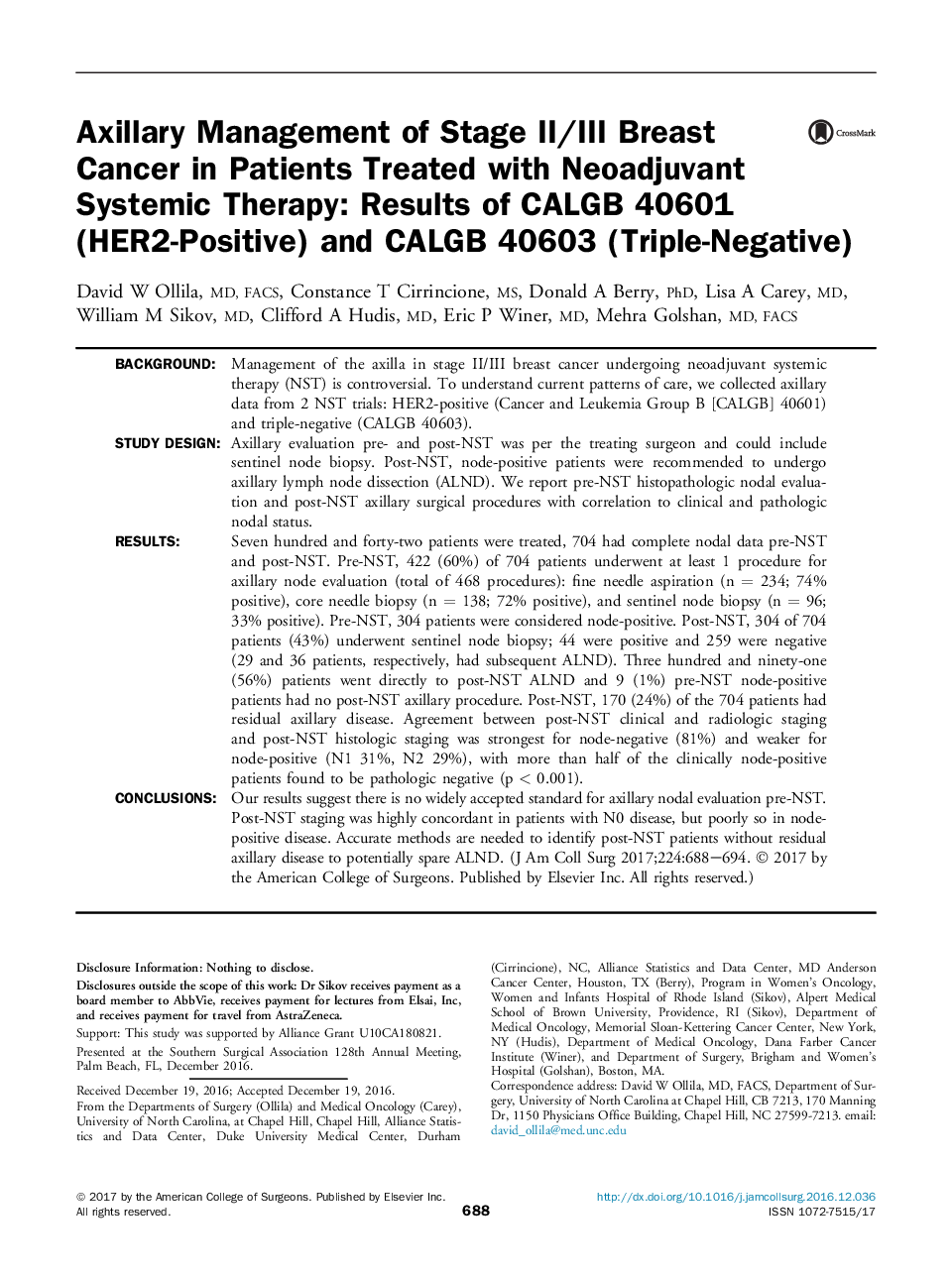 Southern surgical association articleAxillary Management of Stage II/III Breast Cancer in Patients Treated with Neoadjuvant Systemic Therapy: Results of CALGB 40601 (HER2-Positive) and CALGB 40603 (Triple-Negative)