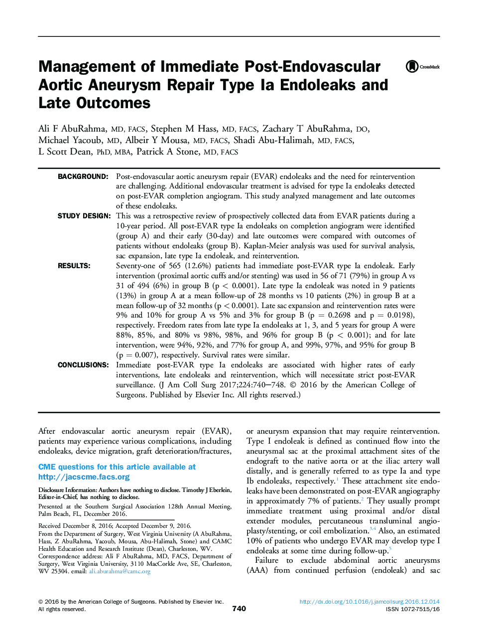 Southern surgical association articleManagement of Immediate Post-Endovascular Aortic Aneurysm Repair Type Ia Endoleaks and Late Outcomes