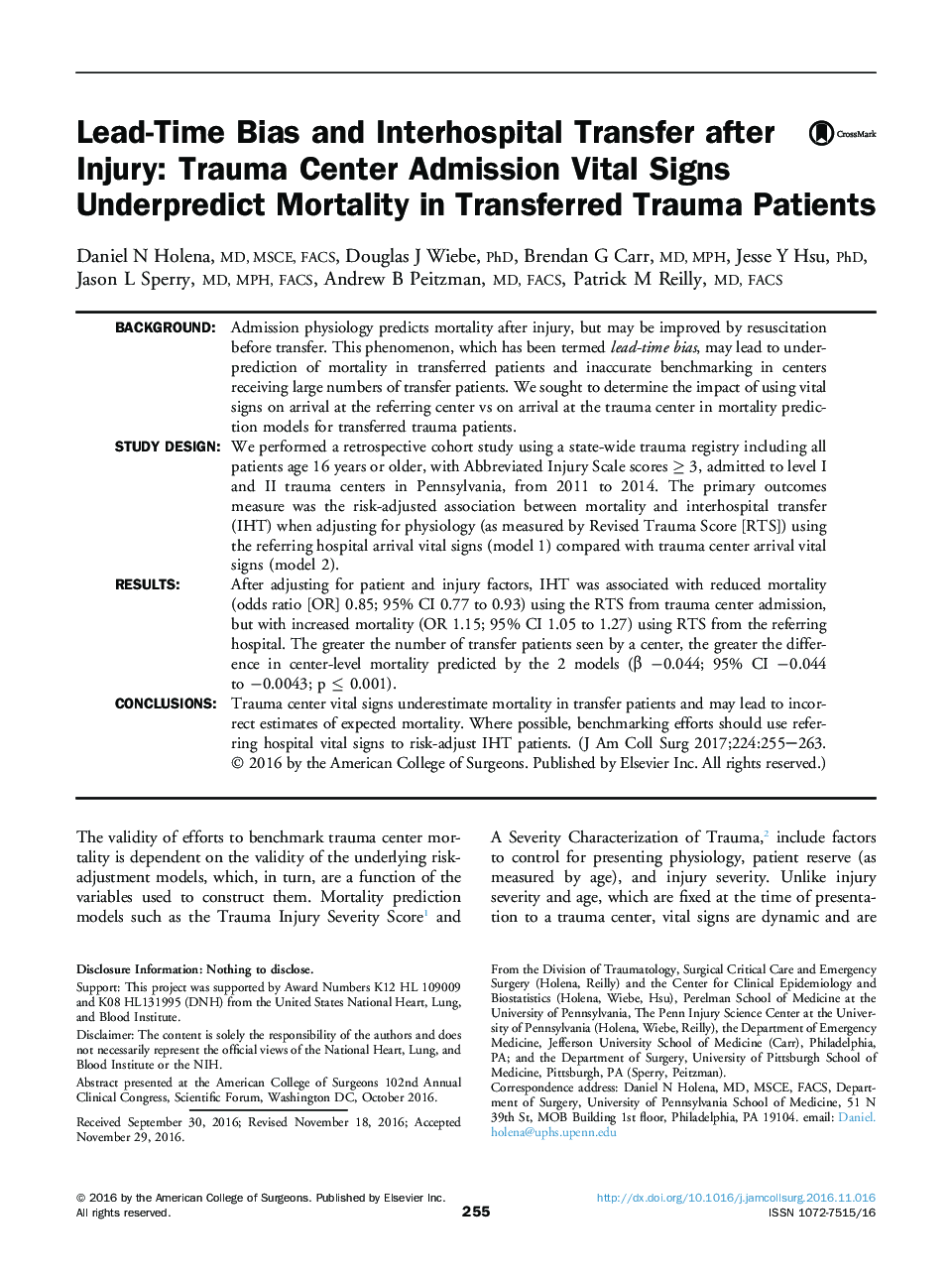 Original scientific articleLead-Time Bias and Interhospital Transfer after Injury: Trauma Center Admission Vital Signs Underpredict Mortality in Transferred Trauma Patients