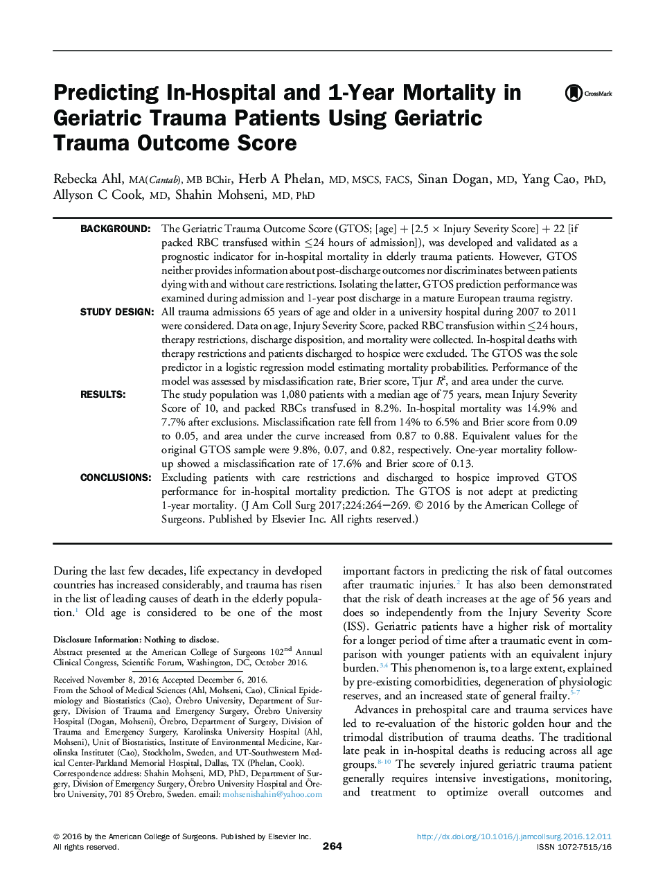 Original scientific articlePredicting In-Hospital and 1-Year Mortality in Geriatric Trauma Patients Using Geriatric Trauma Outcome Score