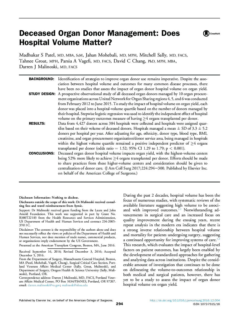 Original scientific articleDeceased Organ Donor Management: Does Hospital Volume Matter?