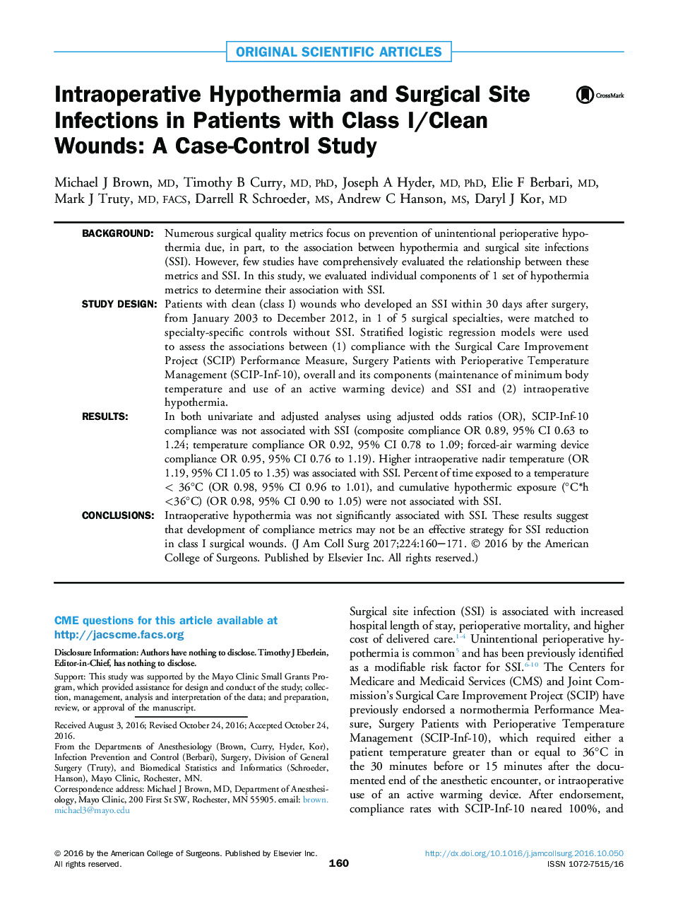 Original scientific articleIntraoperative Hypothermia and Surgical Site Infections in Patients with Class I/Clean Wounds: A Case-Control Study