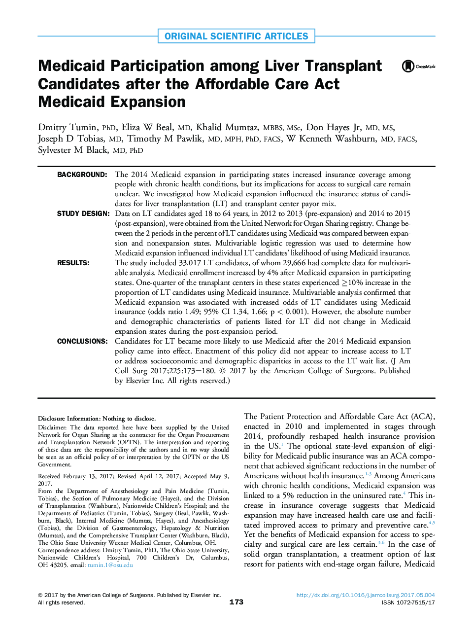 Original scientific articleMedicaid Participation among Liver Transplant Candidates after the Affordable Care Act Medicaid Expansion