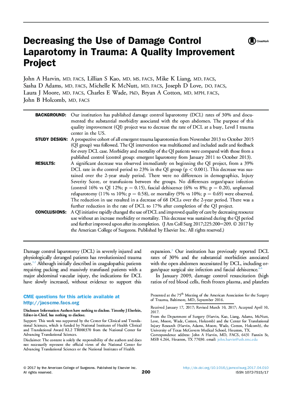 Original scientific articleDecreasing the Use of Damage Control Laparotomy in Trauma: A Quality Improvement Project