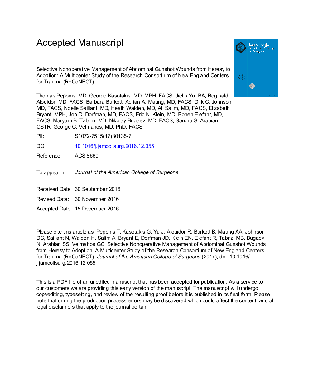 Selective Nonoperative Management of Abdominal Gunshot Wounds from Heresy to Adoption: A Multicenter Study of the Research Consortium of New England Centers for Trauma (ReCoNECT)