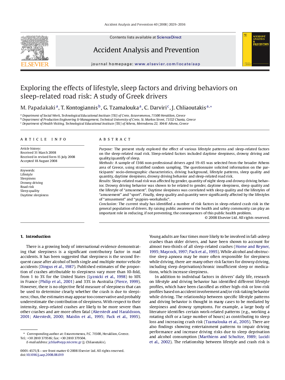 Exploring the effects of lifestyle, sleep factors and driving behaviors on sleep-related road risk: A study of Greek drivers