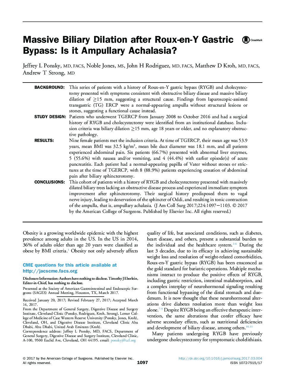 Original scientific articleMassive Biliary Dilation after Roux-en-Y Gastric Bypass: Is it Ampullary Achalasia?