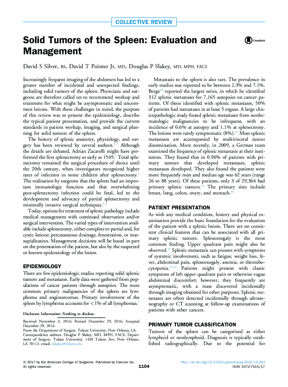 عکس صفحه اول مقاله: Solid Tumors of the Spleen: Evaluation and Management Solid Tumors of the Spleen: Evaluation and Management