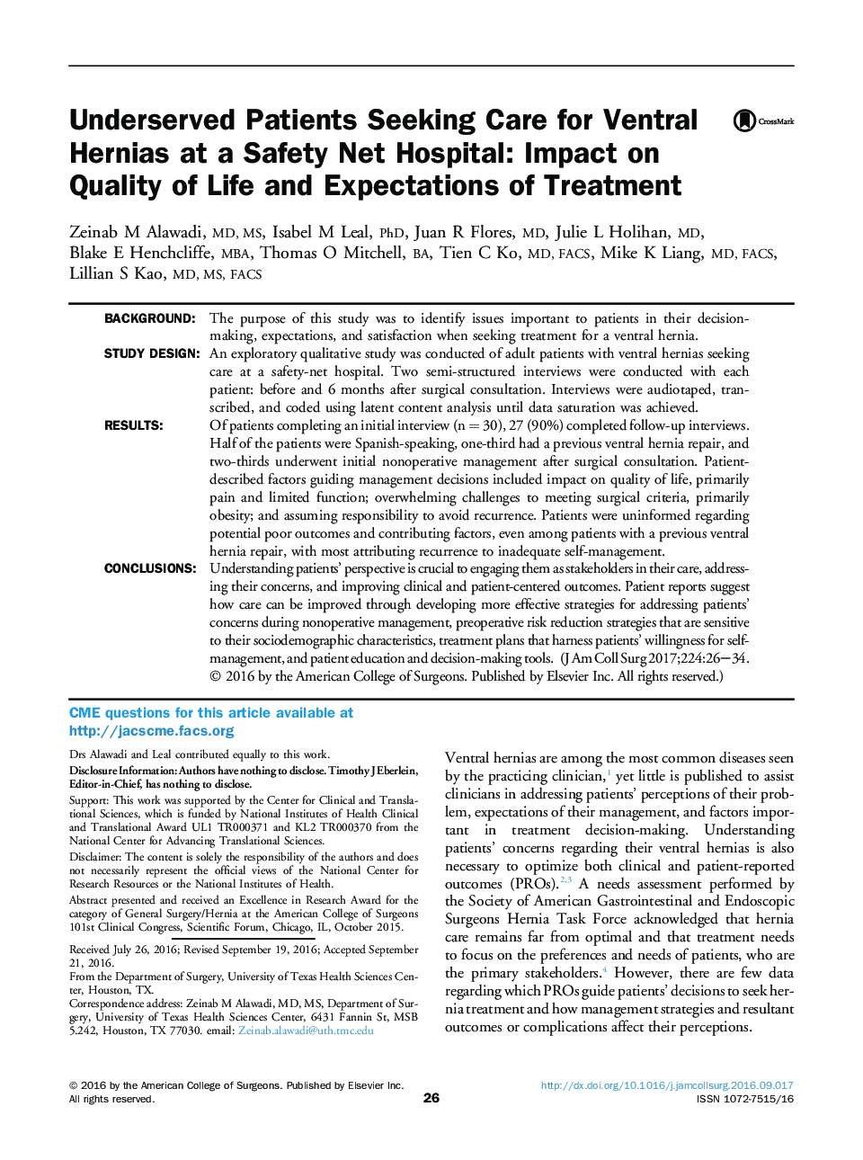 Original scientific articleUnderserved Patients Seeking Care for Ventral Hernias at a Safety Net Hospital: Impact on Quality of Life and Expectations of Treatment
