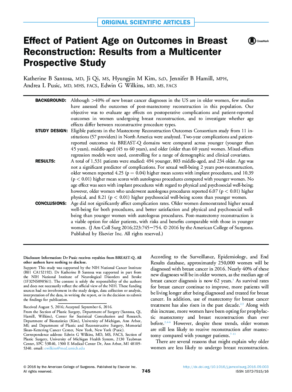Original scientific articleEffect of Patient Age on Outcomes in Breast Reconstruction: Results from a Multicenter Prospective Study