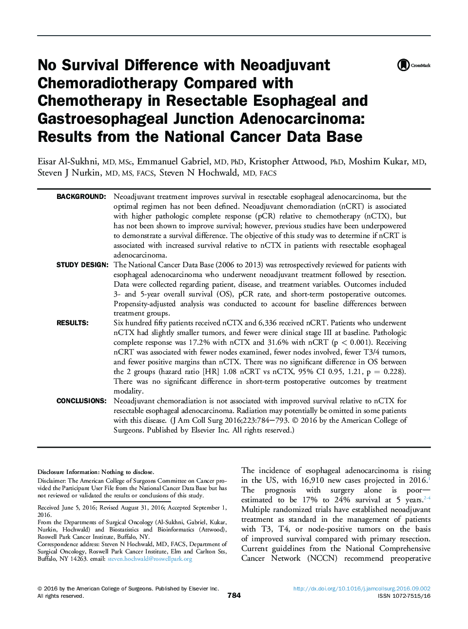 Original scientific articleNo Survival Difference with Neoadjuvant Chemoradiotherapy Compared with Chemotherapy in Resectable Esophageal and Gastroesophageal Junction Adenocarcinoma: ResultsÂ from the National Cancer Data Base
