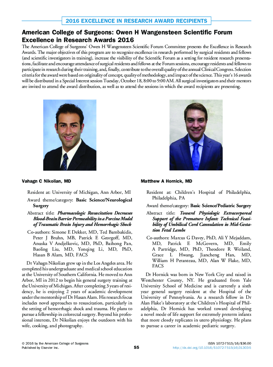 American College of Surgeons: Owen H Wangensteen Scientific Forum Excellence in Research Awards 2016
