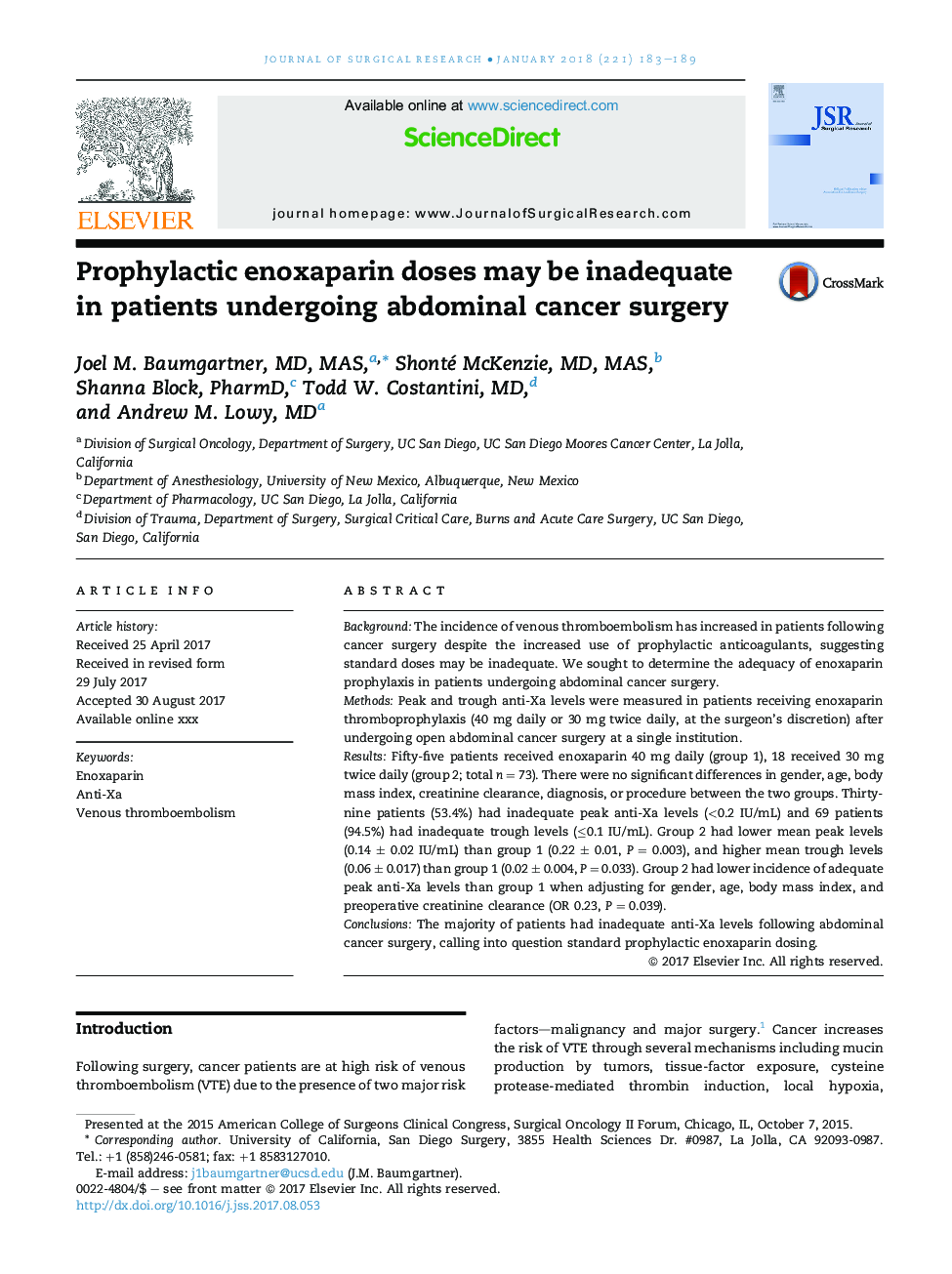 Prophylactic enoxaparin doses may be inadequate in patients undergoing abdominal cancer surgery