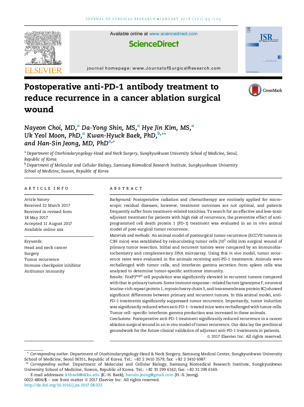 Postoperative anti-PD-1 antibody treatment to reduce recurrence in a cancer ablation surgical wound