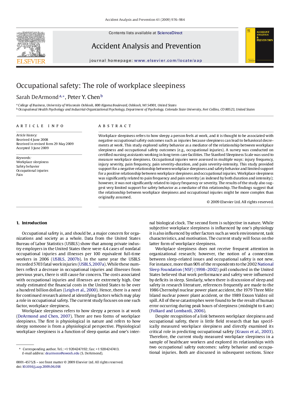عکس صفحه اول مقاله: Occupational safety: The role of workplace sleepiness Occupational safety: The role of workplace sleepiness