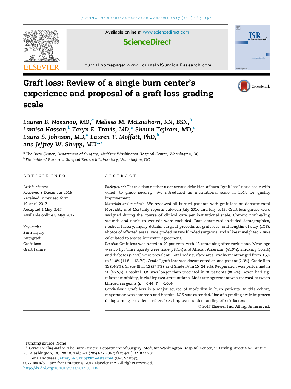 Graft loss: Review of a single burn center's experience and proposal of a graft loss grading scale