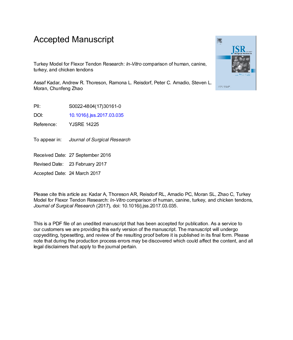 Turkey model for flexor tendon research: inÂ vitro comparison of human, canine, turkey, and chicken tendons