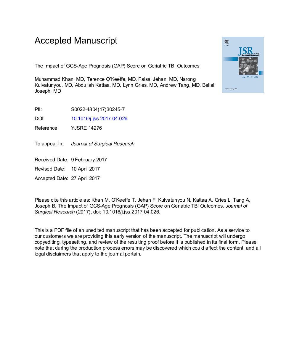 The impact of Glasgow Coma Scale-age prognosis score on geriatric traumatic brain injury outcomes