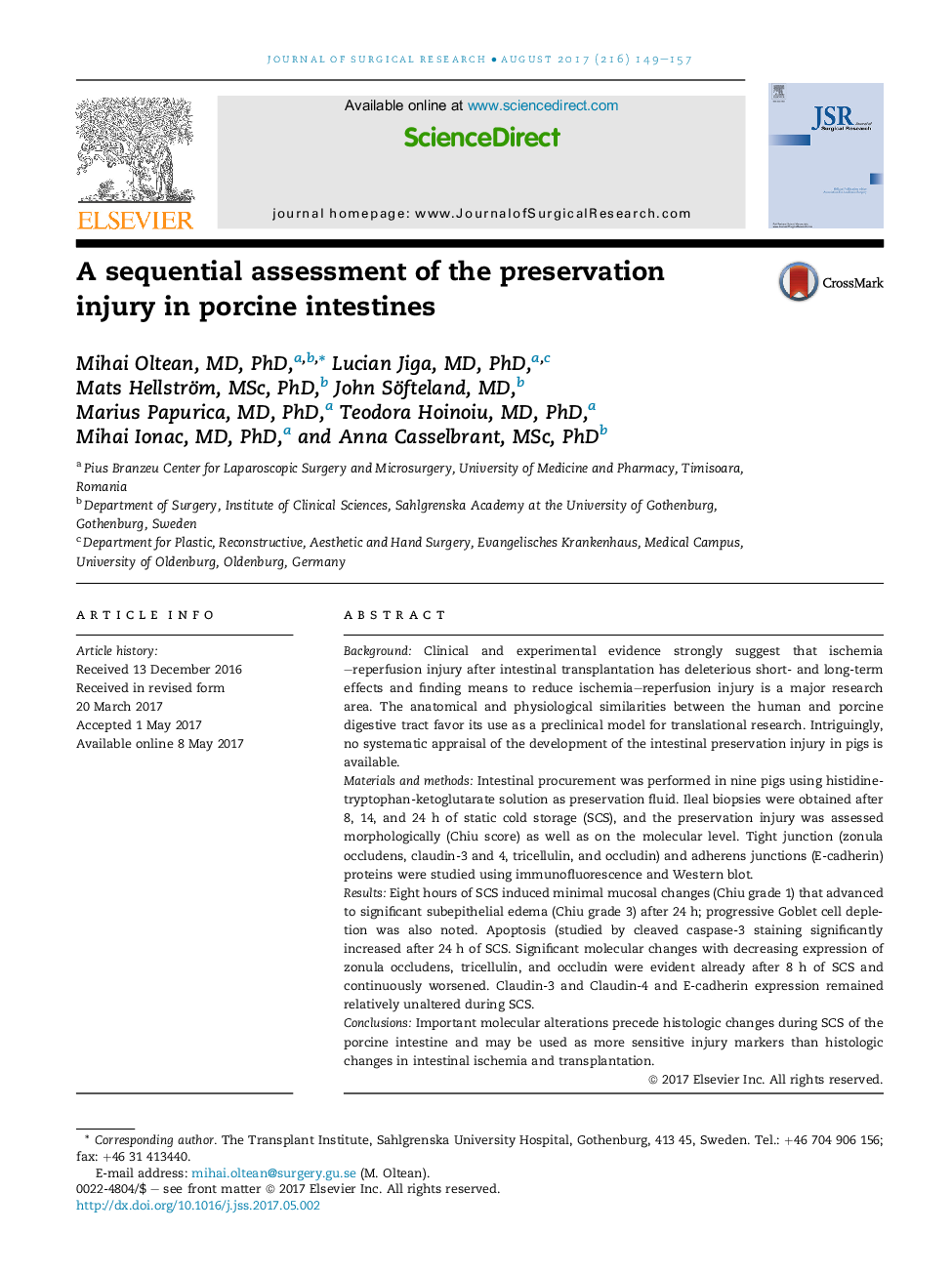 A sequential assessment of the preservation injury in porcine intestines