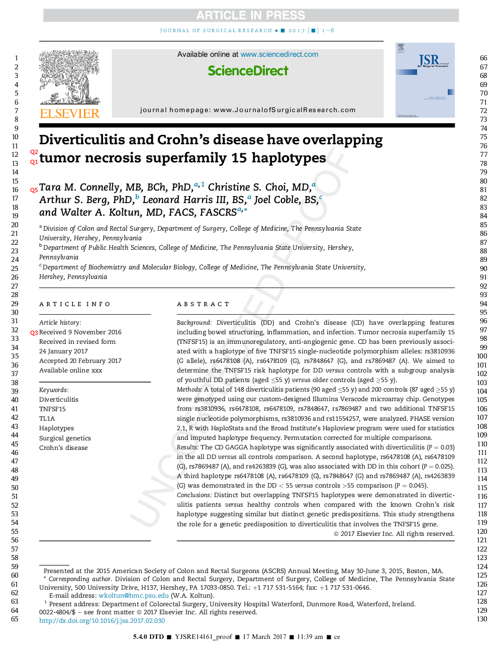 Diverticulitis and Crohn's disease have distinct but overlapping tumor necrosis superfamily 15Â haplotypes