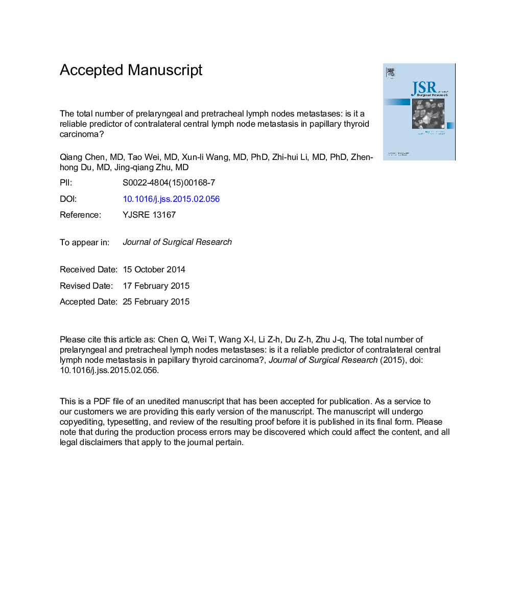 The total number of prelaryngeal and pretracheal lymph node metastases: is it a reliable predictor of contralateral central lymph node metastasis in papillary thyroid carcinoma?