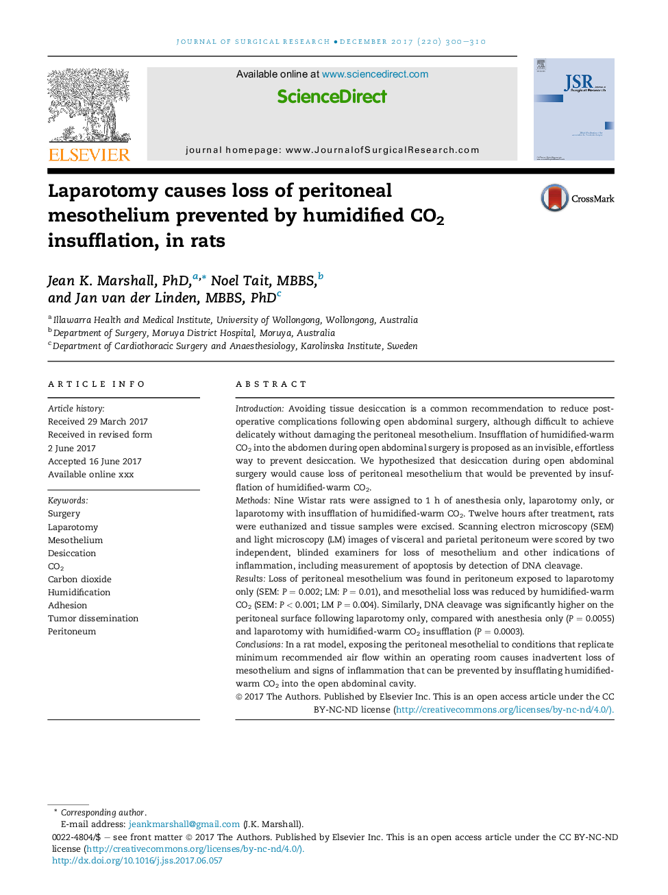 Laparotomy causes loss of peritoneal mesothelium prevented by humidified CO2 insufflation in rats