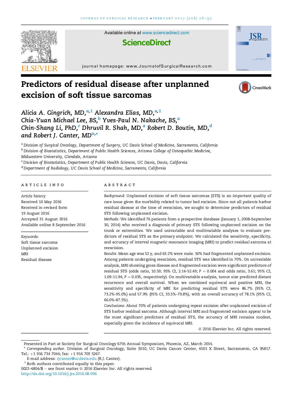 Predictors of residual disease after unplanned excision of soft tissue sarcomas