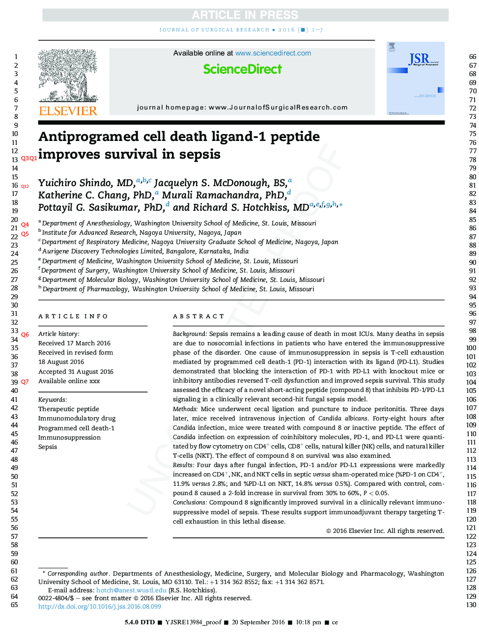 Anti-PD-L1 peptide improves survival in sepsis