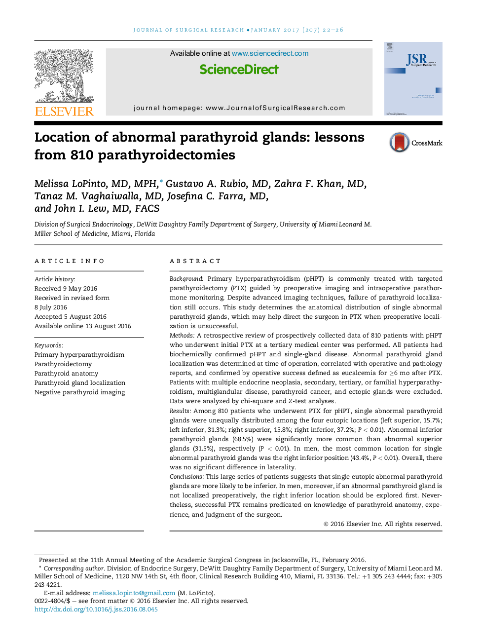 Oncology/EndocrineLocation of abnormal parathyroid glands: lessons from 810 parathyroidectomies