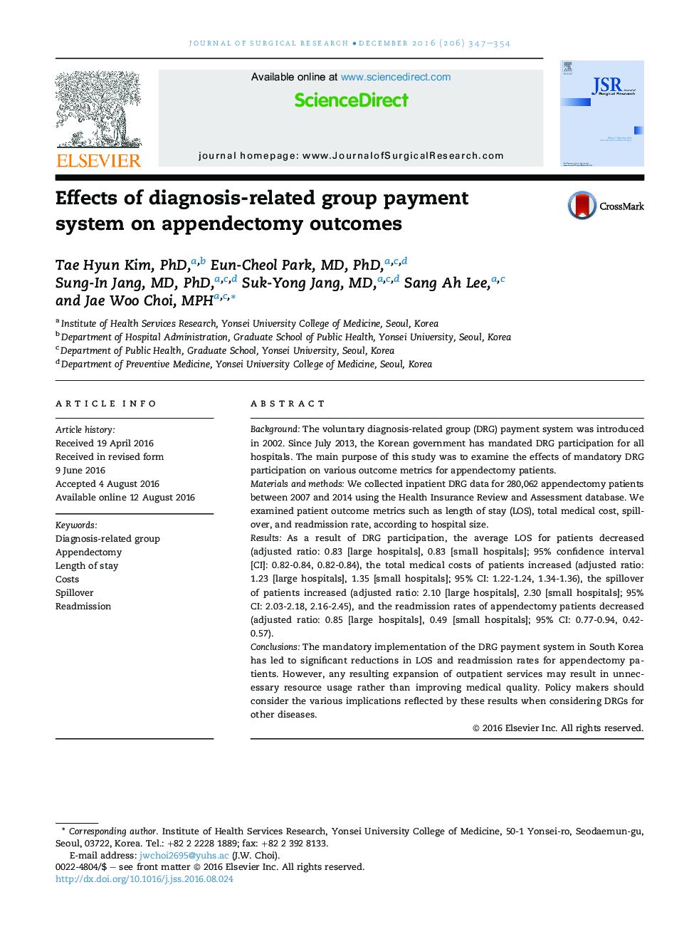 Emergency SurgeryEffects of diagnosis-related group payment system on appendectomy outcomes