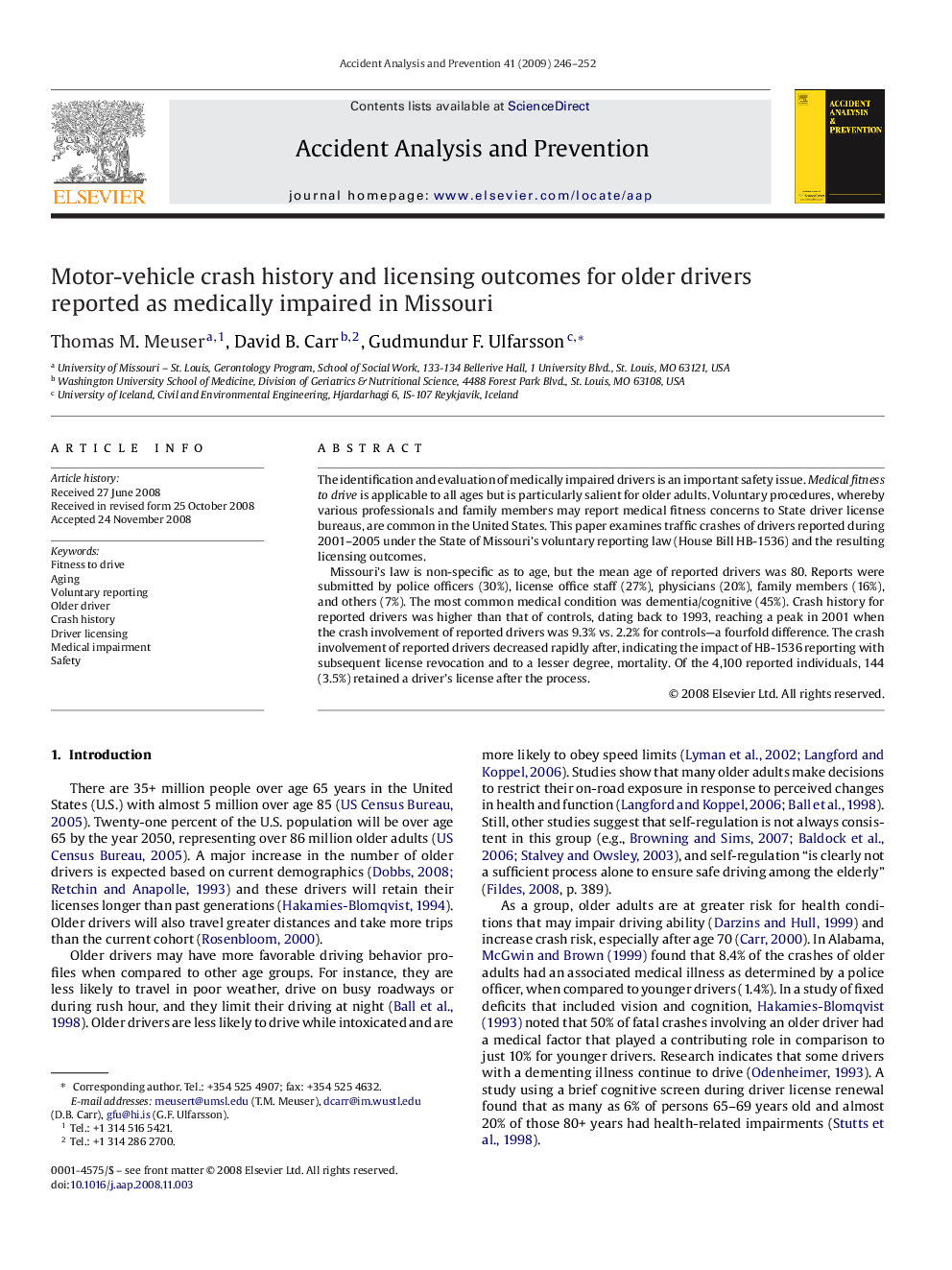 Motor-vehicle crash history and licensing outcomes for older drivers reported as medically impaired in Missouri