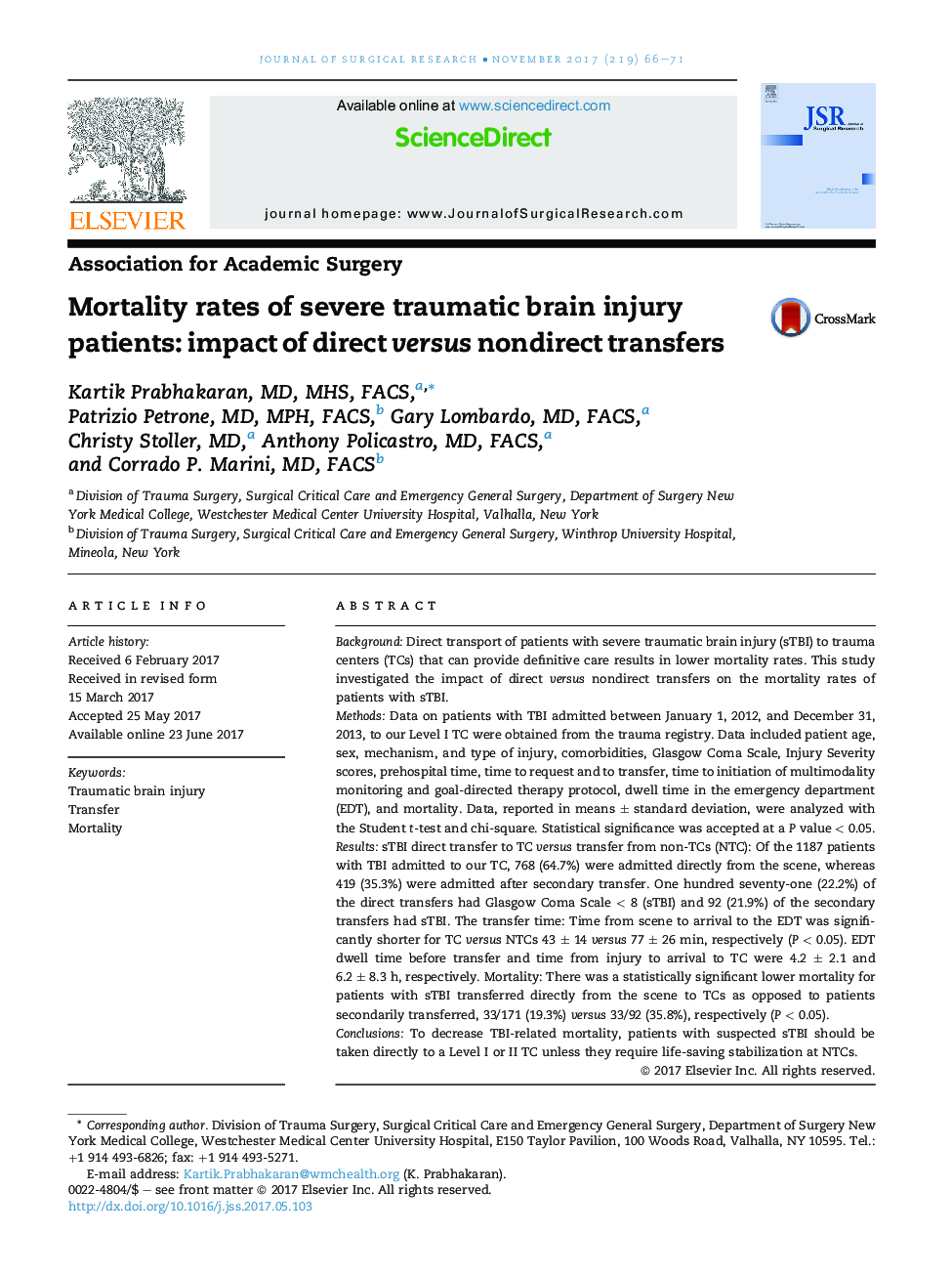 Trauma and Critical CareMortality rates of severe traumatic brain injury patients: impact of direct versus nondirect transfers