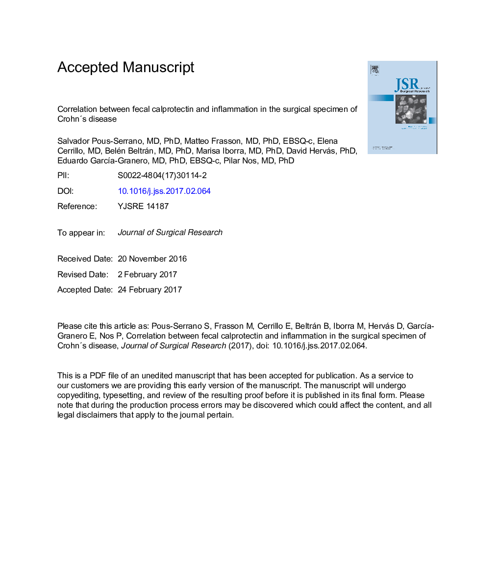 Correlation between fecal calprotectin and inflammation in the surgical specimen of Crohn's disease