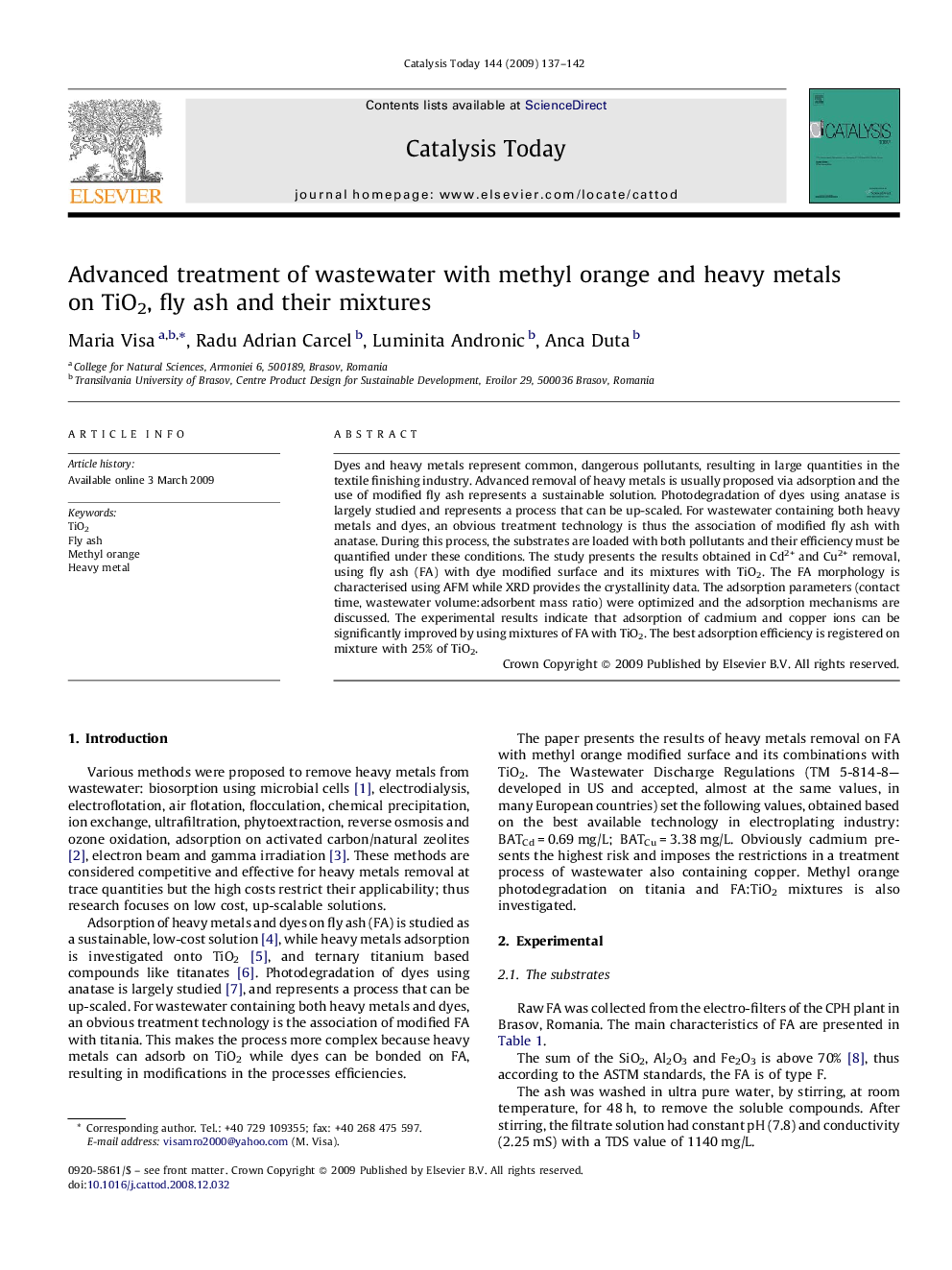 Advanced treatment of wastewater with methyl orange and heavy metals on TiO2, fly ash and their mixtures