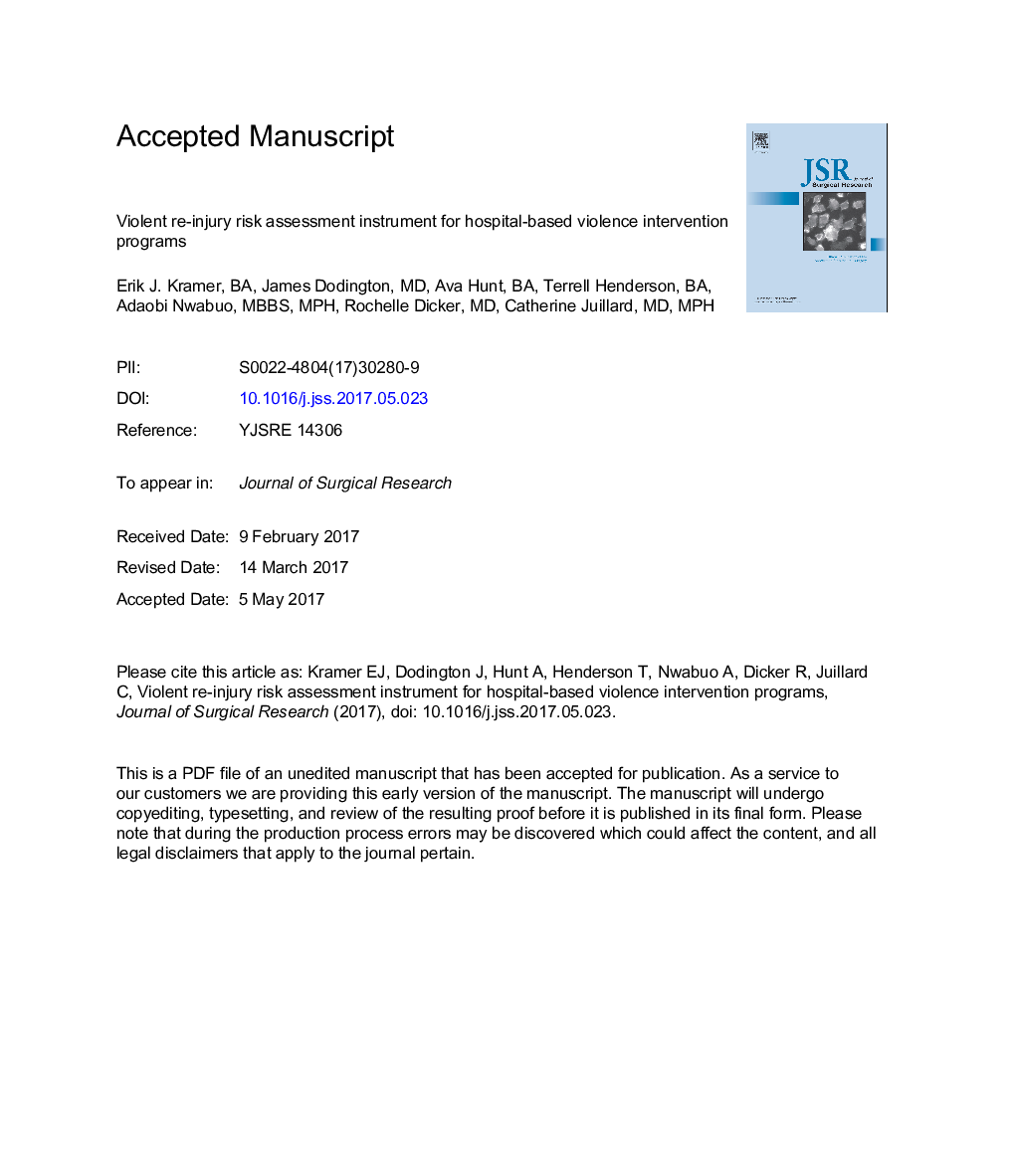 Violent reinjury risk assessment instrument (VRRAI) for hospital-based violence intervention programs