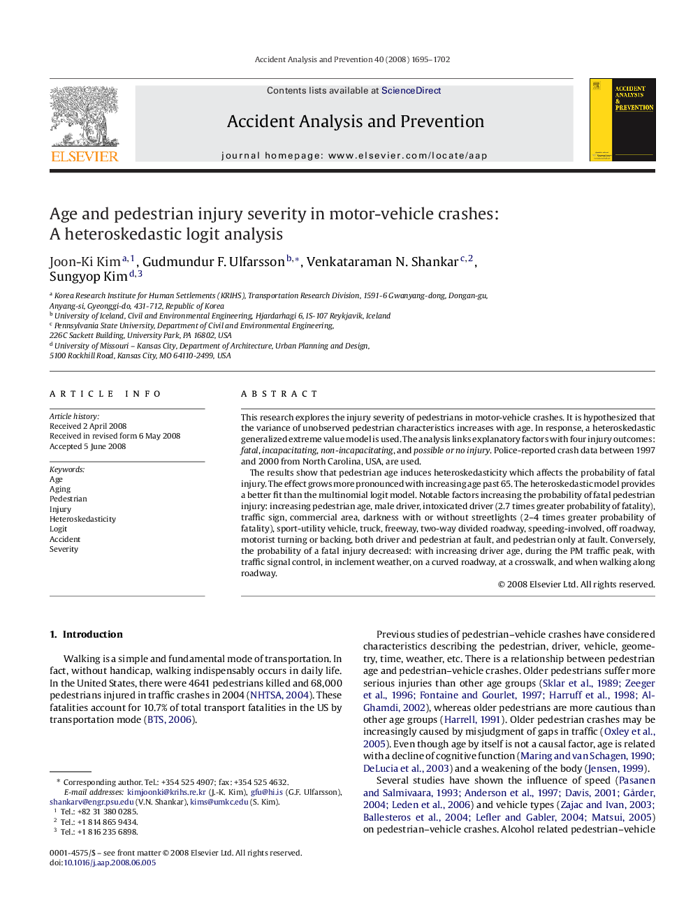 Age and pedestrian injury severity in motor-vehicle crashes: A heteroskedastic logit analysis