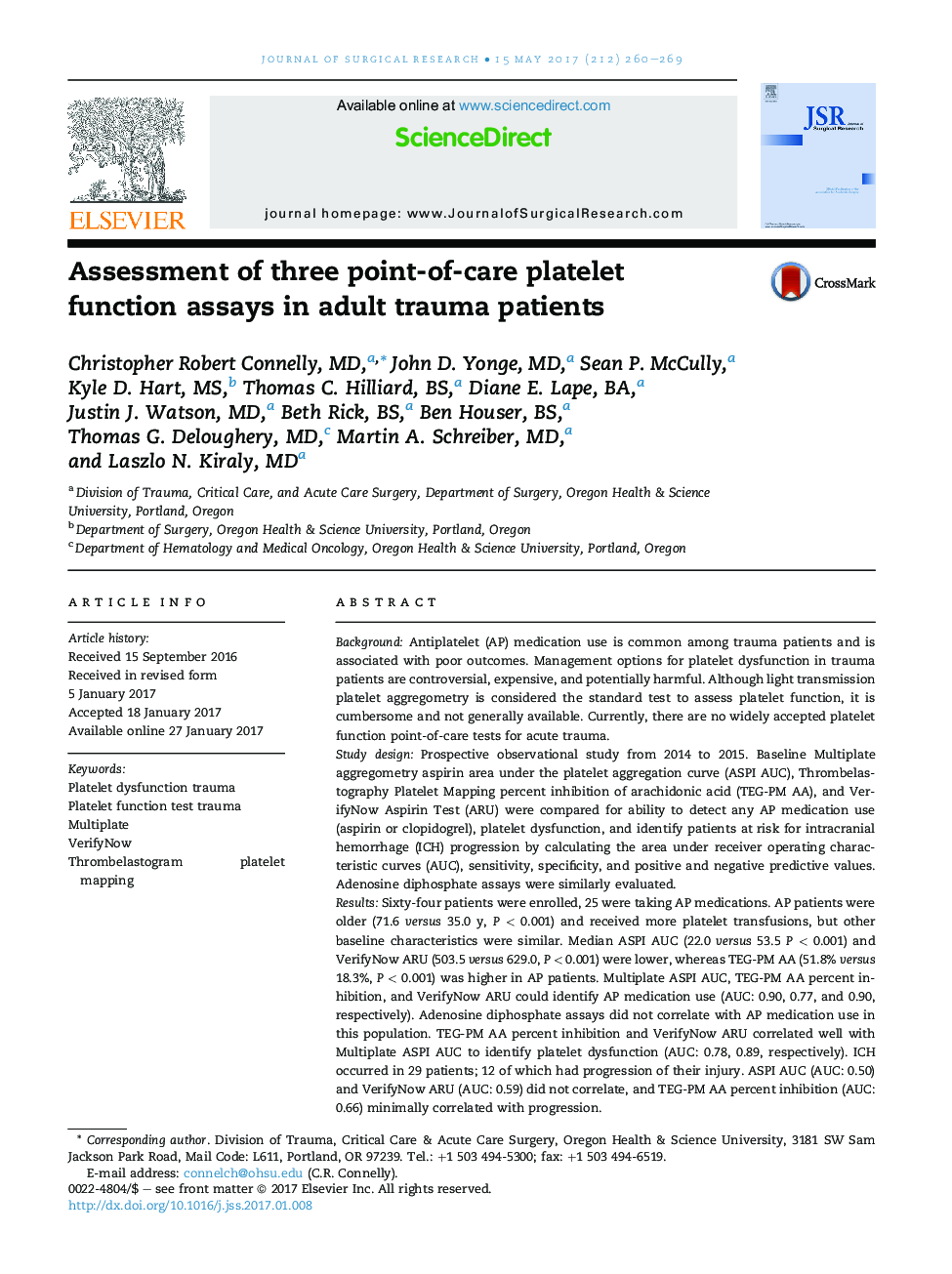 Assessment of three point-of-care platelet function assays in adult trauma patients
