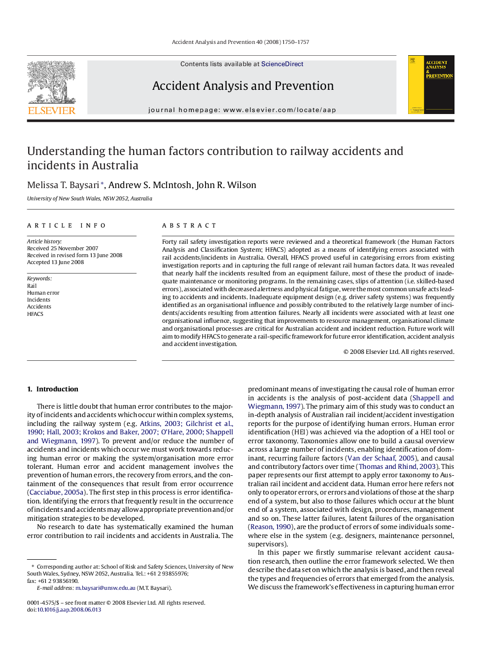 Understanding the human factors contribution to railway accidents and incidents in Australia