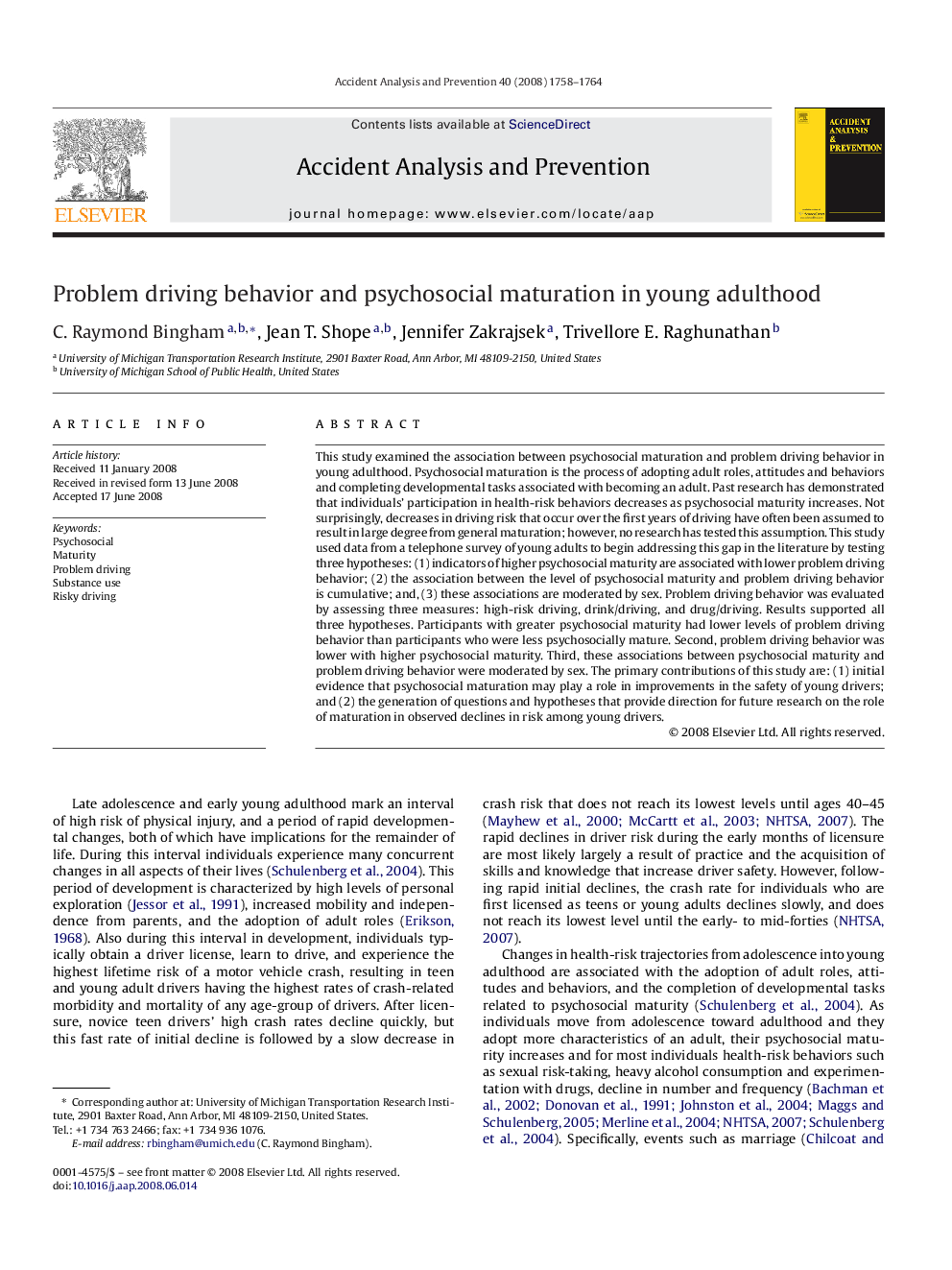 Problem driving behavior and psychosocial maturation in young adulthood