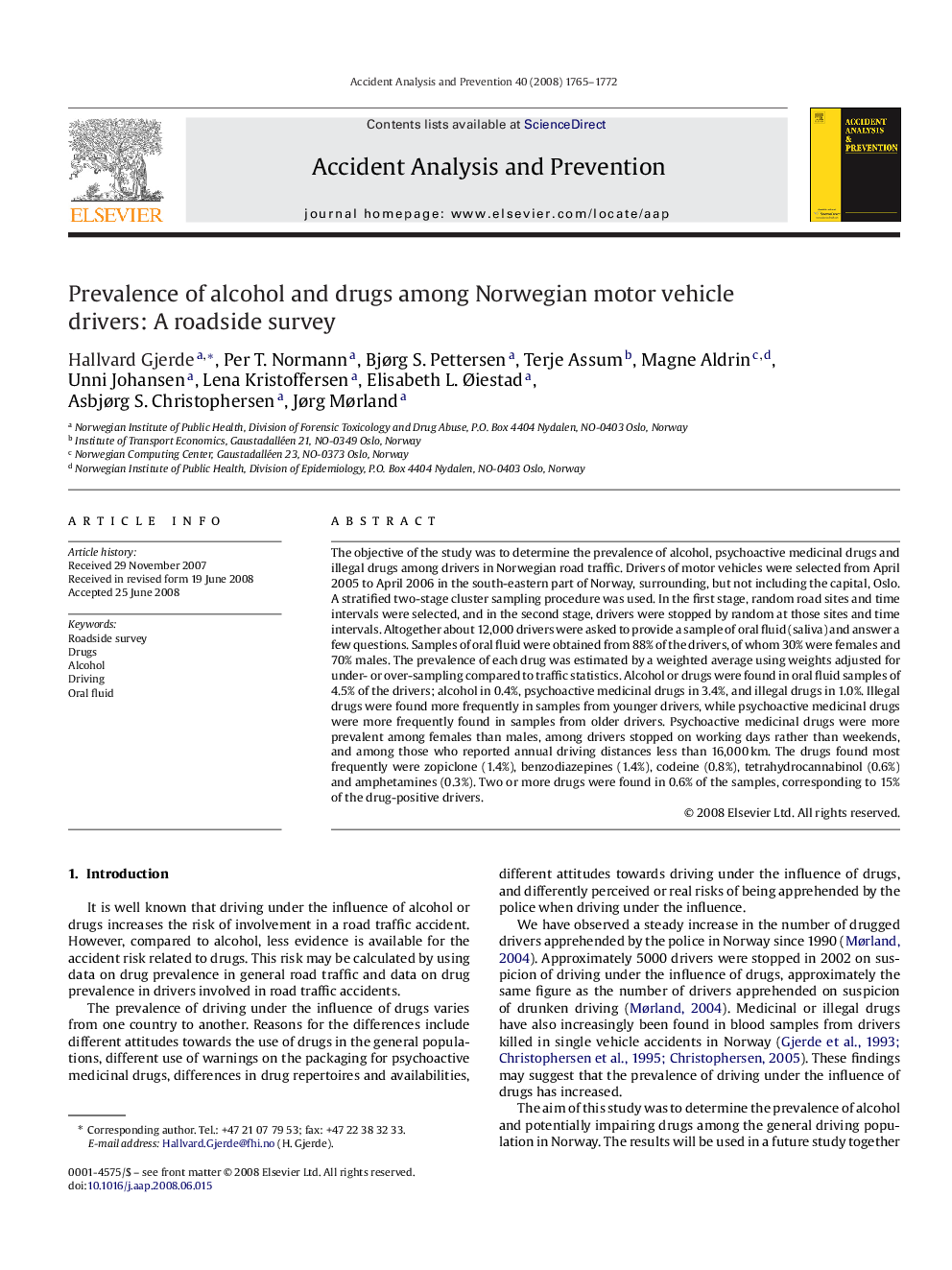 Prevalence of alcohol and drugs among Norwegian motor vehicle drivers: A roadside survey