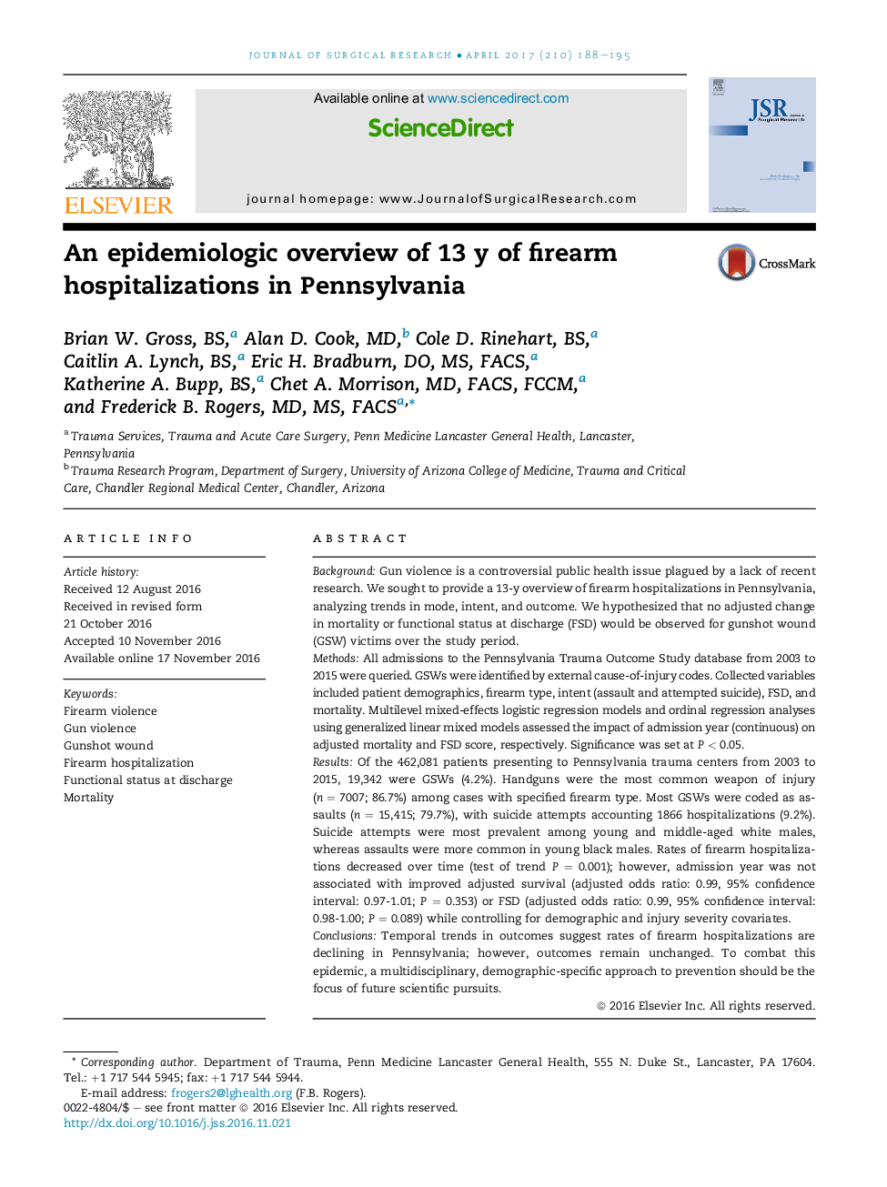 An epidemiologic overview of 13Â years of firearm hospitalizations in Pennsylvania