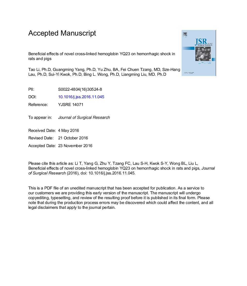 Beneficial effects of novel cross-linked hemoglobin YQ23 on hemorrhagic shock in rats and pigs