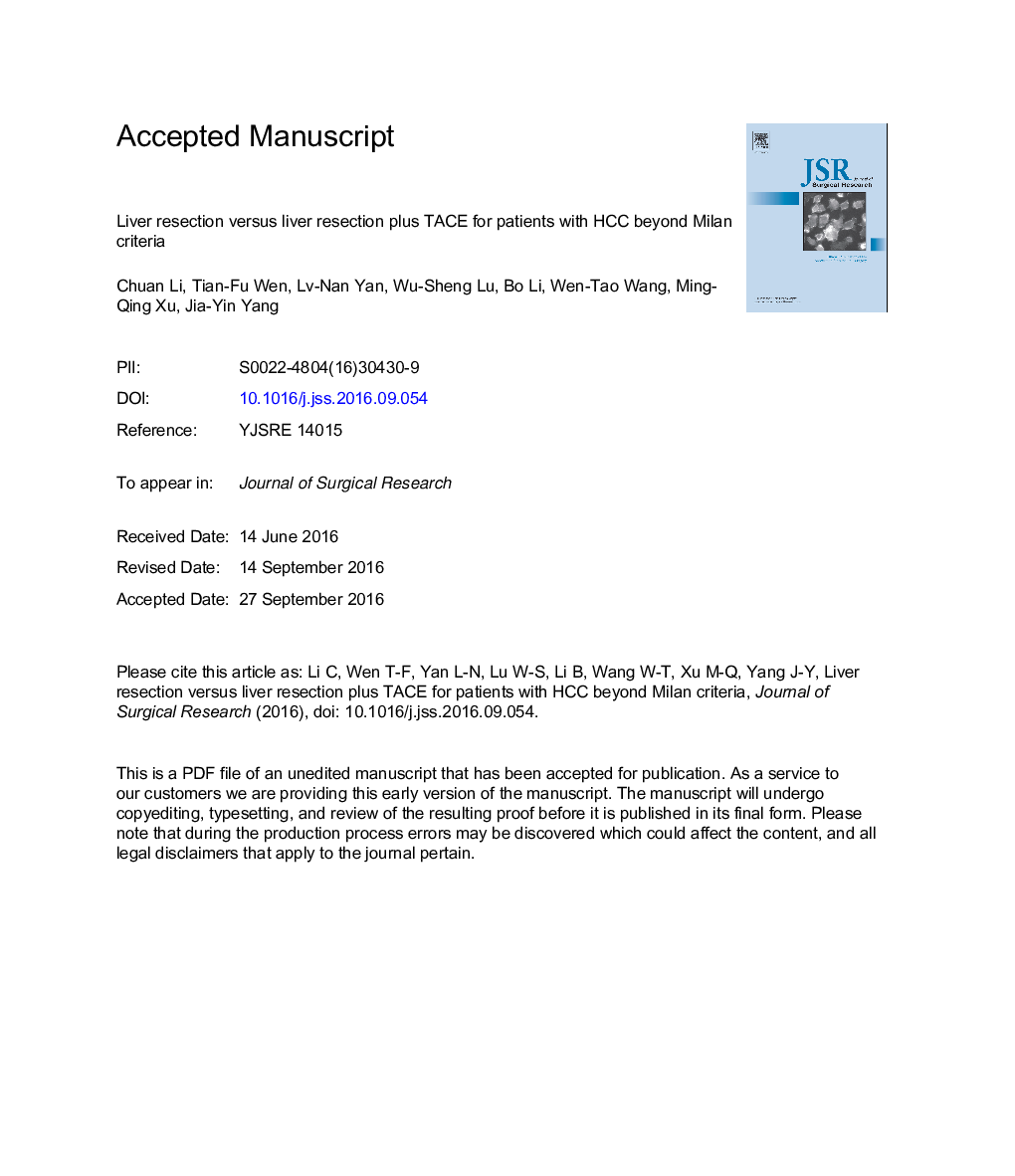 Liver resection versus liver resection plus TACE for patients with hepatocellular carcinoma beyond Milan criteria